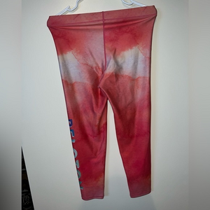 Terez Peloton Cropped Leggings Womens‎ Medium Pink Coral Tie Dye Logo Mid Rise